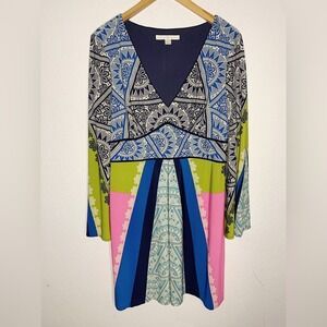 NWT Boston Proper Retro Groovy V-Neck Trapeze Dress Size 18 Blue Pink Green